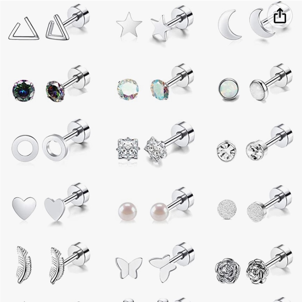 18 Pairs Stainless Steel 20G Cartilage Earrings Hypoallergenic Flatback